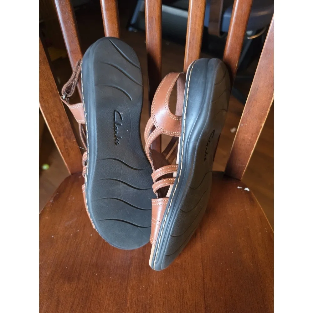 Clarks Brown Leather Strappy Buckle Flat Sandals Women's US 10 Stitched
